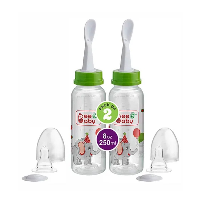 Beebaby 2 in 1 Gentle Slim Neck Baby Feeding Bottle with Nipple & Spoon Feeder Pack of 2 Green – 250 ml Each