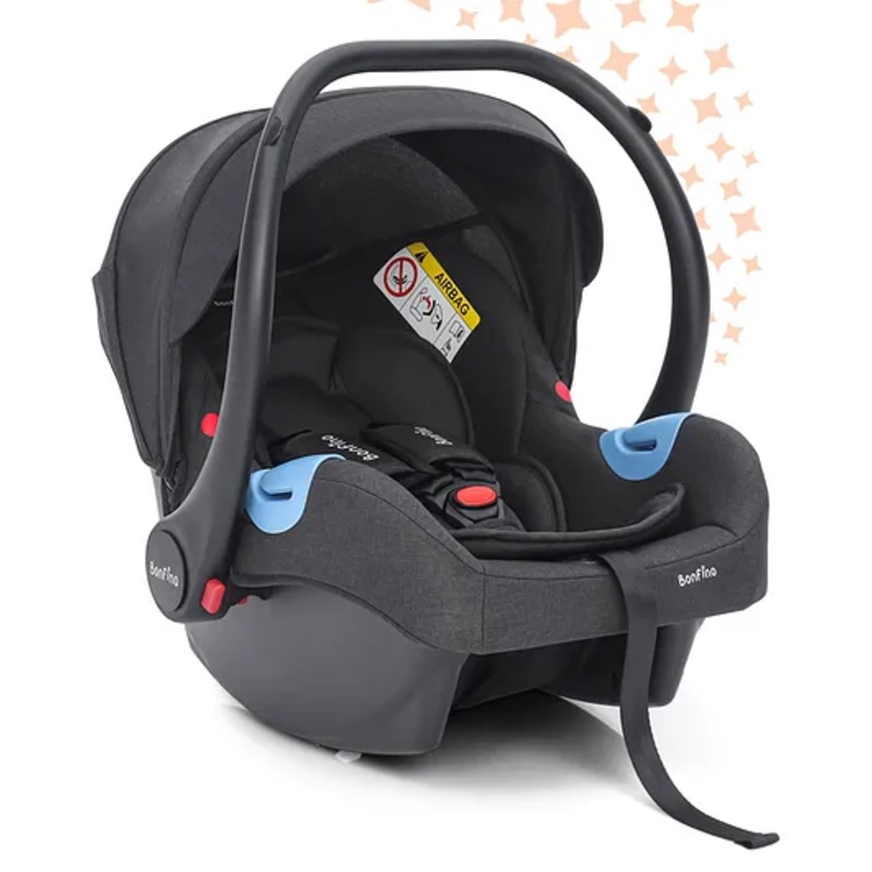 Bonfino Ritzy Car Seat & Carry Cot, Tri-Protect Headrest, Intelli-Fit Foam, Linen Fabric – Black| Travel System Compatiable| Premium Linen Fabric| Side-impact Protection| Feeding Chair and Rocker Mode| Stylish Curved Handle