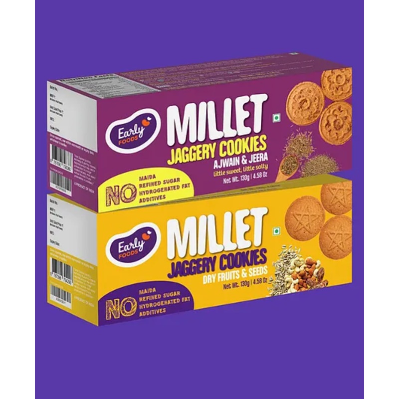 Early Foods Assorted Ajwain Jeera & Dry Fruit Jaggery Cookies Pack of 2 – 130 g Each