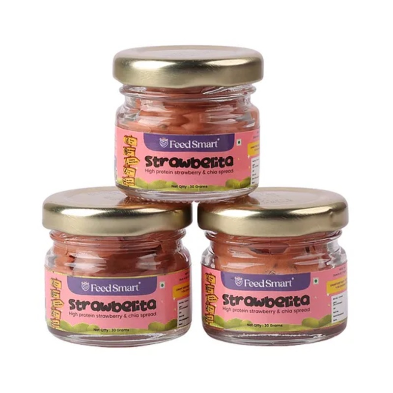 Feed Smart Strawbelita | Strawberry Spread | Whey Protein | No Refined Sugar | GlutenFree | With Chia Seeds & Beetroot Powder | Natural Ingredients | Travel Pack | Pack of 3 | 30g Each