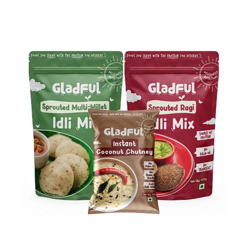Gladful Combo Ragi Instant Idli Mix, Multi-Millet Instant Idli Mix, Instant Coconut Chutney, No Palm Oil, Ideal for All Ages Pack of 3