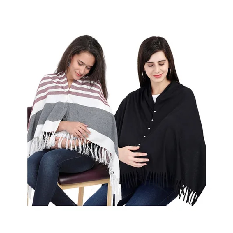 Lulamom Multi-Purpose Breast Feeding Nursing Shawl – Pack of 2 (Maroon stripes & Black solid)