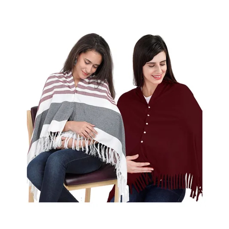Lulamom Multi-Purpose Breast Feeding Nursing Shawl – Pack of 2 (Maroon stripes & Maroon solid)