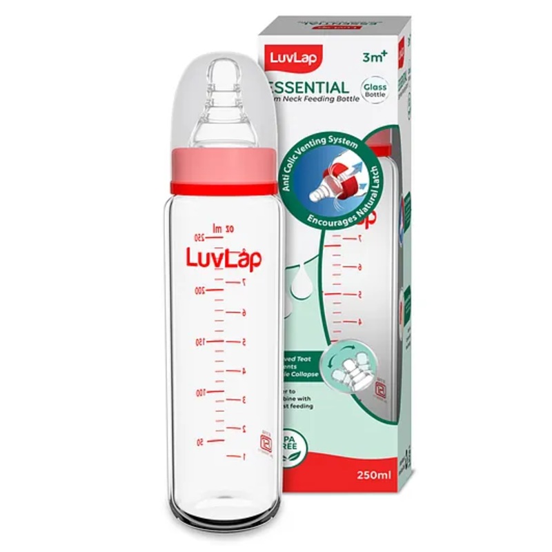 LuvLap Essential Slim Neck Glass Feeding Bottle, 250ml, 3m+, BPA Free, Ergonomic Shape, Anti-Colic Nipple, White & Red, Pack of 1
