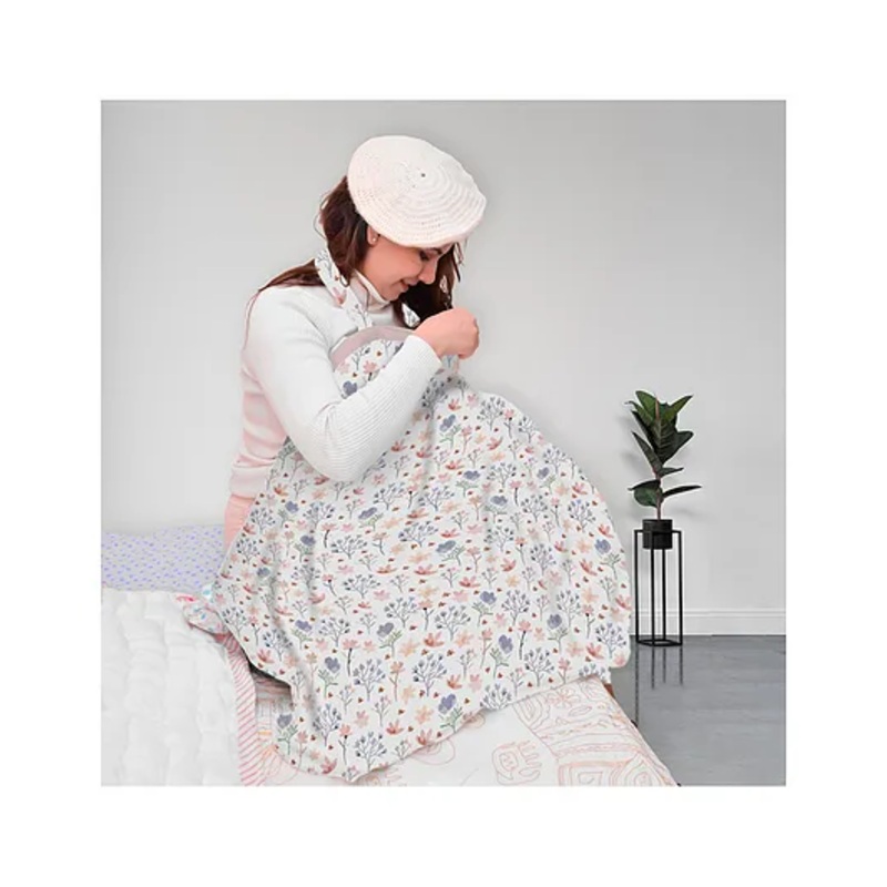 Moms Home Organic Cotton Muslin Nursing Cover for Breastfeeding Feeding Apron   White & Pink  Blossom
