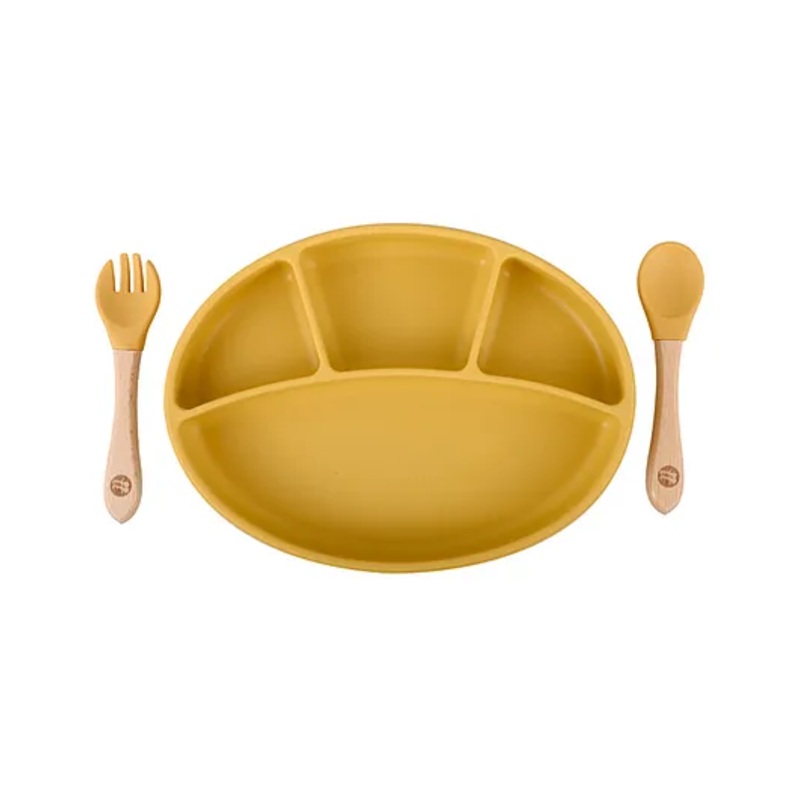 Taabartoli Silicone Oval Plate with Suction  Bamboo Spoon and Fork Set – Yellow