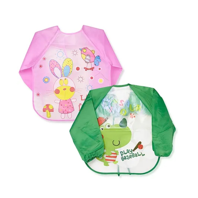 The Little Lookers Full Sleeves Washable PVC Waterproof Bibs Pack Of 2 – Green Pink