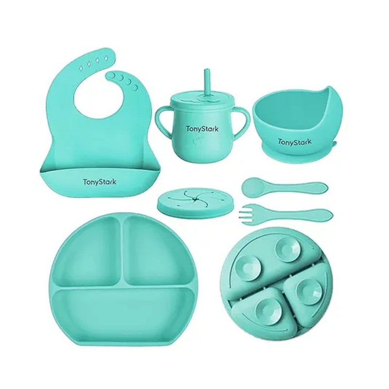 TONY STARK 6 Pcs Silicone Baby Feeding Set, BPA Free & Microwave Safe Dinner Tableware Kit – Feeding Bowl, Suction Plate, Cup, Spoon, Fork & Bib for Kids, Toddler (Green)