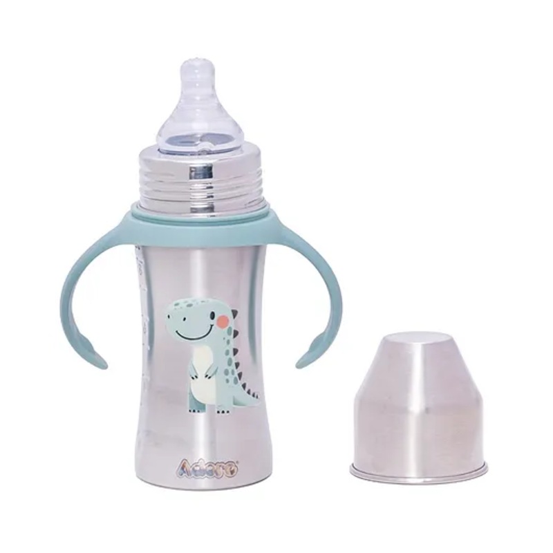 Adore Magnus! Premium Wideneck Stainless Steel Feeding Bottle with anti-colic teat and Handle 250 ml – Green Dino