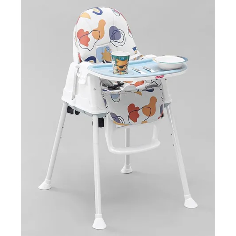 Babyhug 3 in 1 Comfy High Chair with Printed Cushion – White| High Chair, Feeding Chair & Booster Chair| Adjustable Double Food Tray| Removable PU Leather Seat| Safety Harness| Removable Footrest