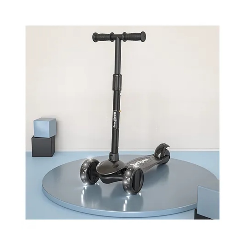 BAYBEE Alpha Kick Scooter for Kids 3 Wheel Kids Scooter with 4 Height Adjustable Handle Runner Scooter with LED PU Wheels & Brake Skate Scooter for Kids – Black