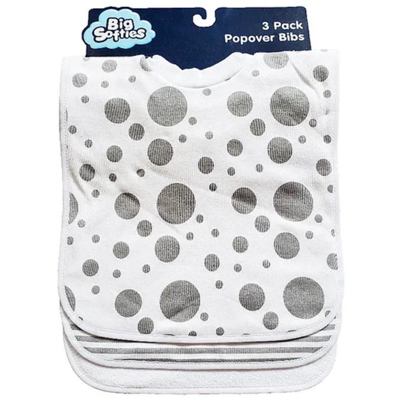 Big Softies Popover Baby Bibs Printed & Applique Embroidery Soft Rib Neck Blended Cotton Ultra Soft & Super Absorbent For Drooling, Teething & Feeding For Unisex 6-36 Months Pack of 3-Grey Dot