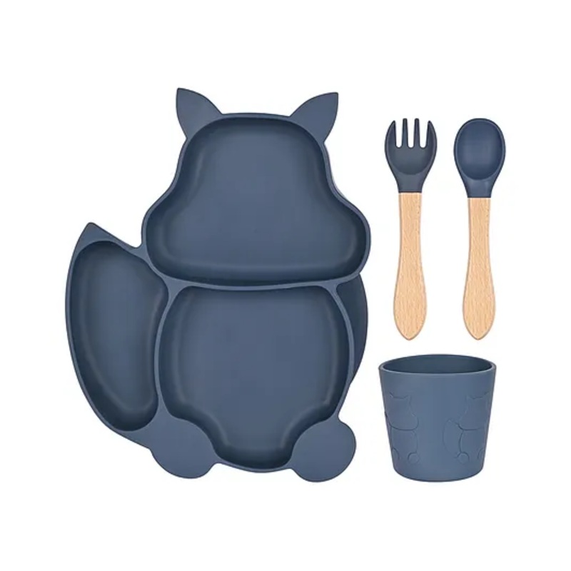 Earthism Silicone Suction Plate 4 Pc Dinner Set Clever Fox – Blue