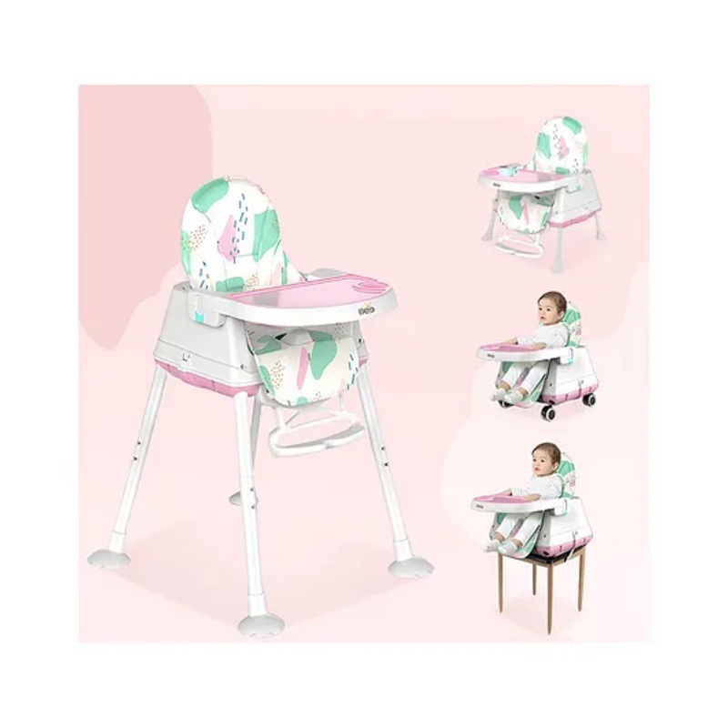 Golden Bee Deluxe 4 in 1 Convertible High Chair for Babies and Toddlers, Feeding Seat with Tray, Wheels, Safety Belt, and Cushion Seat, For Baby Boy & Girl 6 Months to 3 Years (Pink)