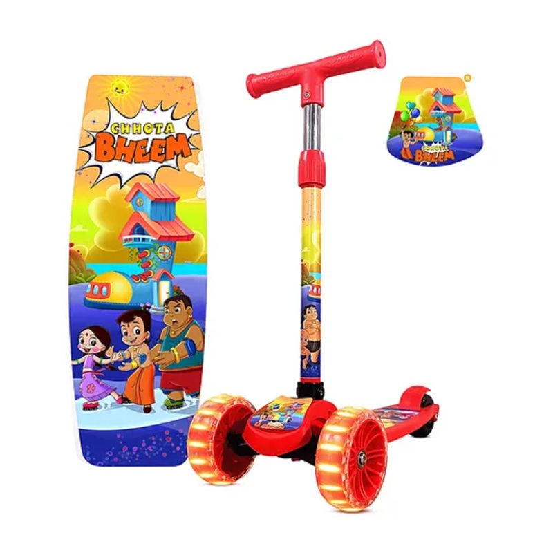 Kidsmate Chota Bheem Kick Scooter for Kids | 4-Level Height Adjustable & LED PVC Wheels | Non-Slip Wide Deck with Strong Push Brake Kids Scooter For Age 3+ Yrs | Max User Weight 50Kg – Red