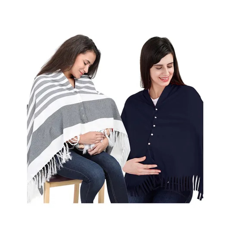 Lulamom Multi-Purpose Breast Feeding Nursing Shawl – Pack of 2 (Grey stripes & Navy solid)