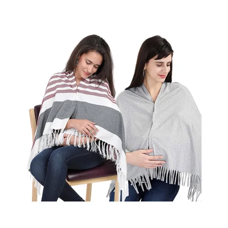 Lulamom Multi-Purpose Breast Feeding Nursing Shawl – Pack of 2 (Maroon stripes & Grey melange solid)