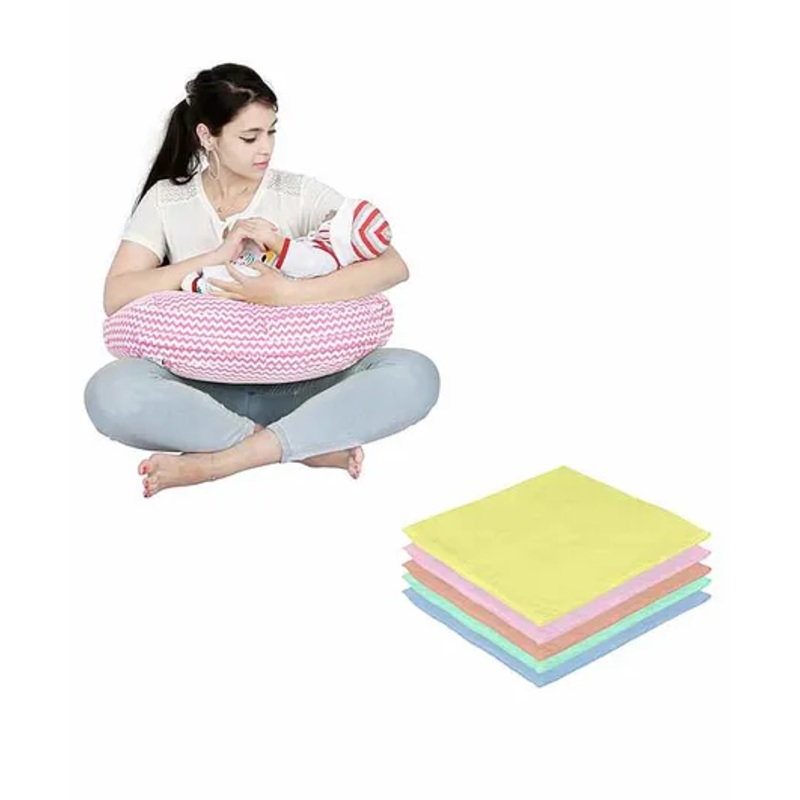 Lulamom Nursing Pillow with Cover Zig-Zag Print & Muslin Napkin – Pink