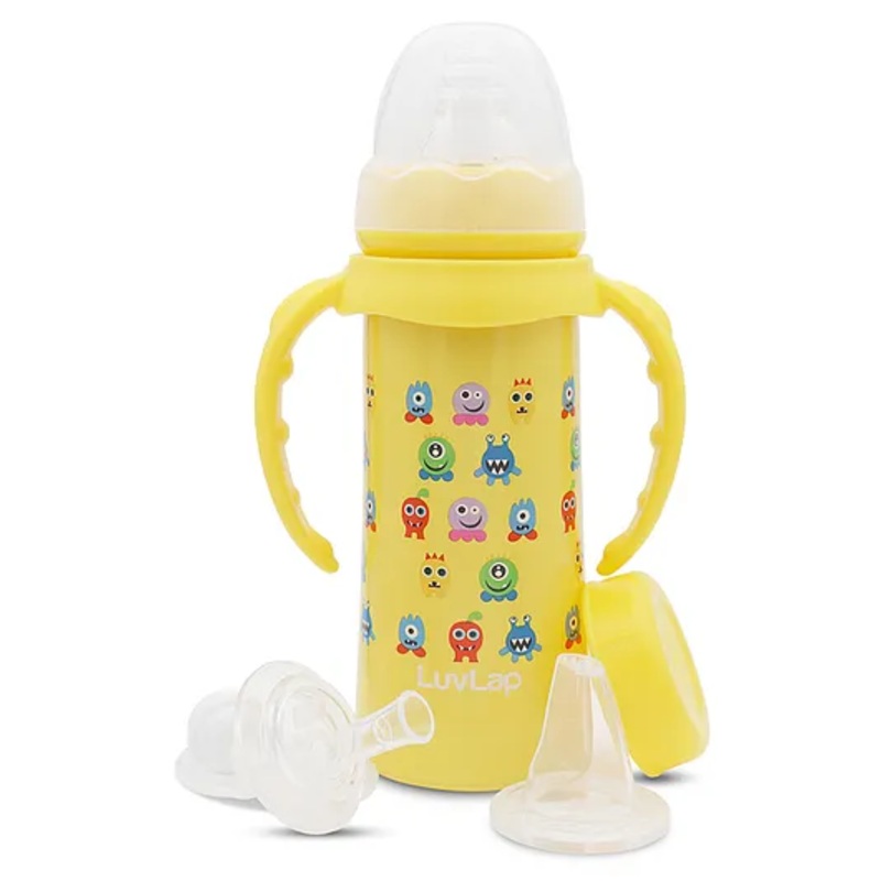 LuvLap 4-in-1 Slim Neck Steel Baby Bottle & Sipper with Handle, SS304 Rust-Free, BPA Free, Anti-Colic, Weighted Straw & Cap, Yellow, 240ml, 3M+
