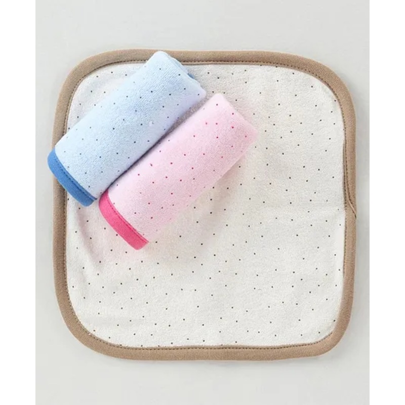 Pink Rabbit Terry Knit Polka Dots Printed  Wash Clothes Pack of 3 – Pink Brown &  Blue