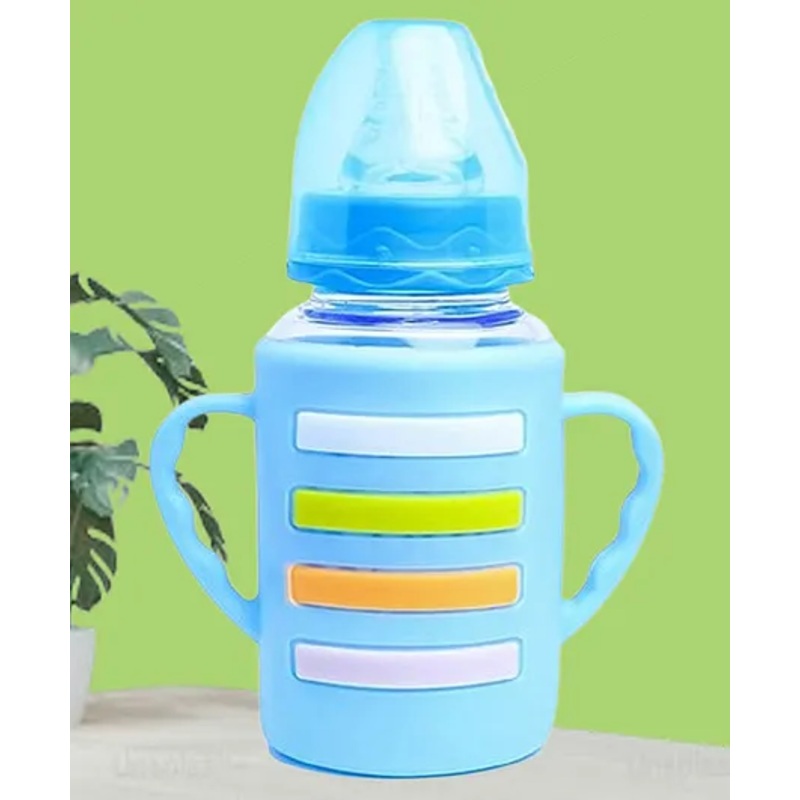 The Cheeky Kidzz Baby Borosilicate Glass Feeding Twin Handles Anti Colic Feeder Bottle BPA Free – 120 ml  (BLUE STRIP)