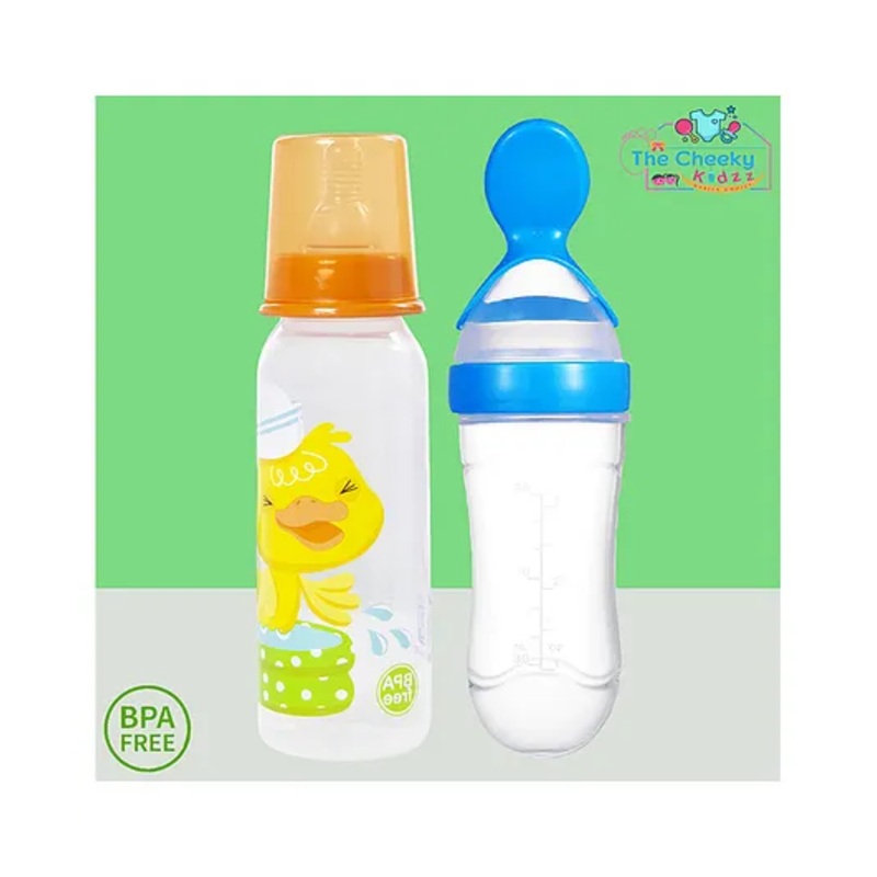 The Cheeky Kidzz Baby Soft Silicone Squeeze Spoon Feeding Bottle With Attractive Anti Colic Nipple Printed Feeding Bottle 250ml BPA Free (ORANGE)