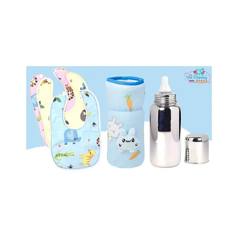 The Cheeky Kidzz Baby Stainless Steel Feeder Liquids Milk Juices Anti-Slip Feeding 240ml Bottle With Bottle Cover and 3 Cotton Bibs (SKY BLUE)