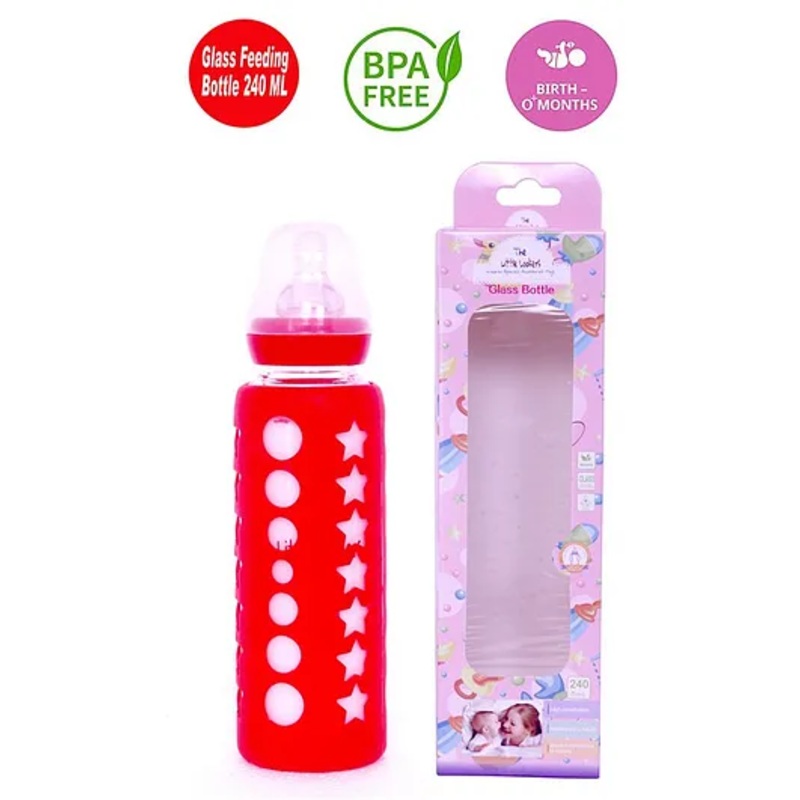 The Little Lookers Glass Feeding Bottle With Silicone Warmer Cover Red – 240 ml