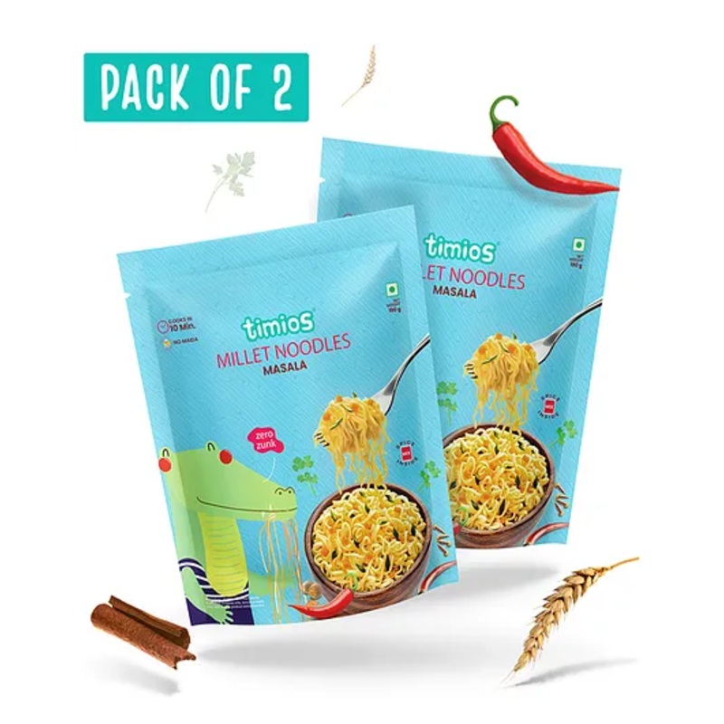 Timios No-Maida Millet Masala Flavored Instant Noodles | Not Fried | No MSG | No Preservatives | No Artificial Colors & Flavors | No Trans Fat & Cholesterol | Vegetarian | Pack of 2 | 190 g