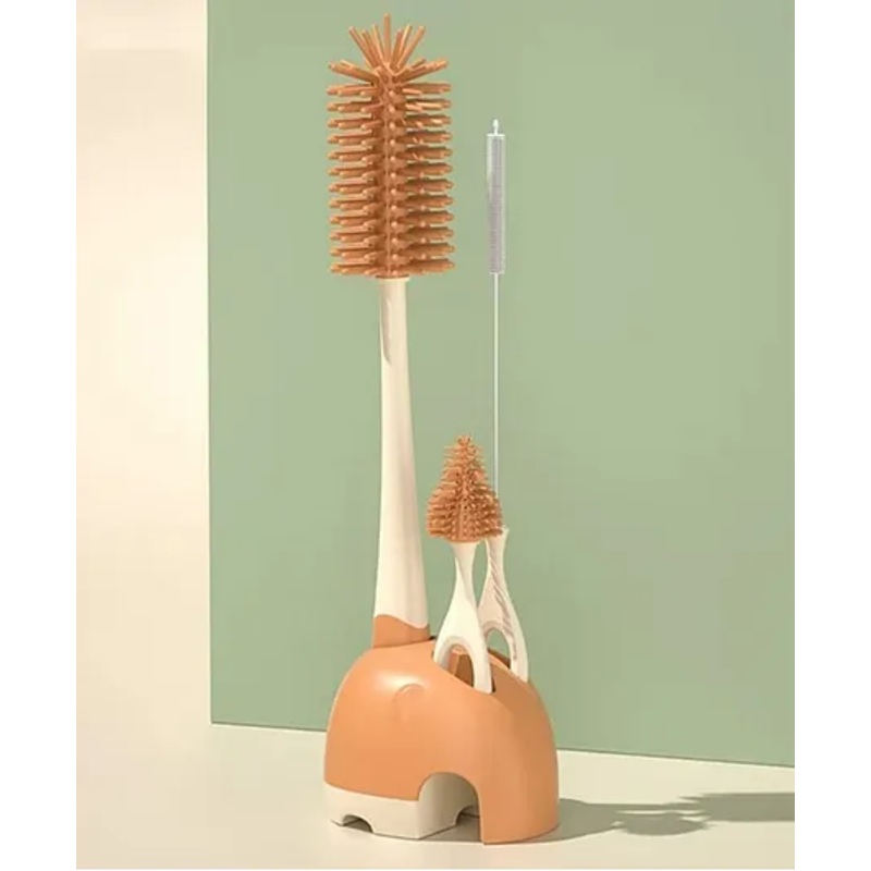 TONY STARK Baby Bottle Cleaner Brush Set, Multifunctional Silicone Bottle Cleaning Brush Set with Brush Holder, Straw Cleaner (Cute Elephant, Brown)