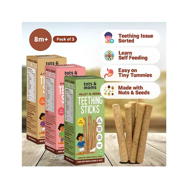 Tots and Moms Teething Sticks made with Jaggery for babies, 12Months+ | Ajwain & Jeera, Ragi & Sesame, Millet & Herbs | No Maida, No Sugar, No Preservatives | Nourishing Teething Treat | Pack of 3-150g each
