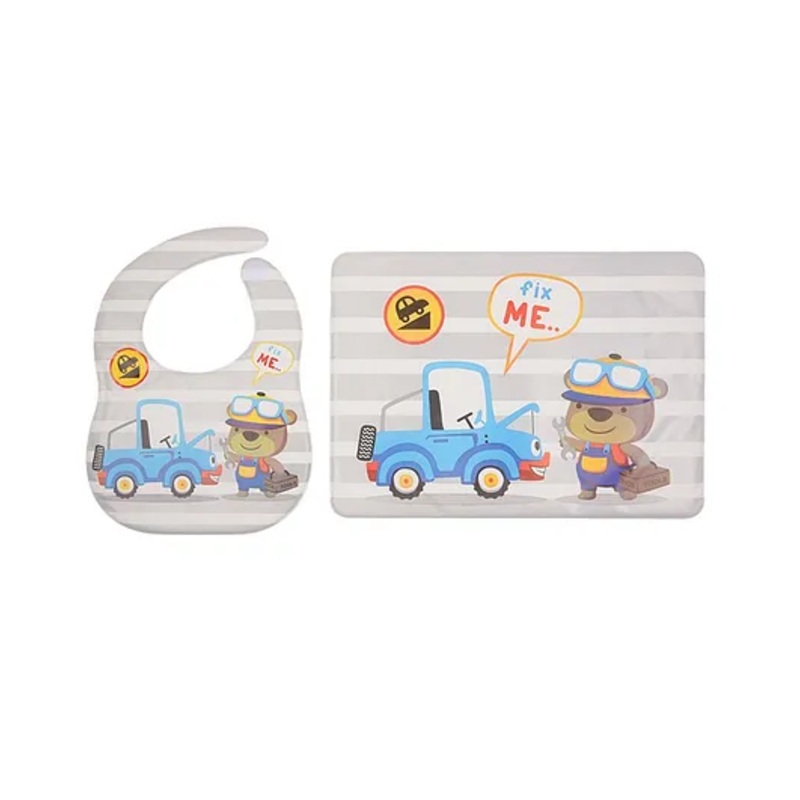 Yellow Bee Feeding Bib With Mat Car and Bear Print – Grey