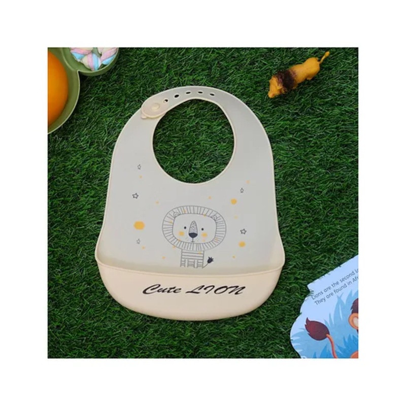 Yellow Bee Silicone Lion Print Bib  with Crumb Catcher and Adjustable Closure for Boys – Cream