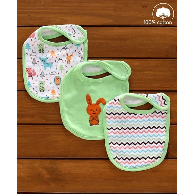 Babyhug Cotton Bibs Animal Embroidery Set of 3 – Green & White