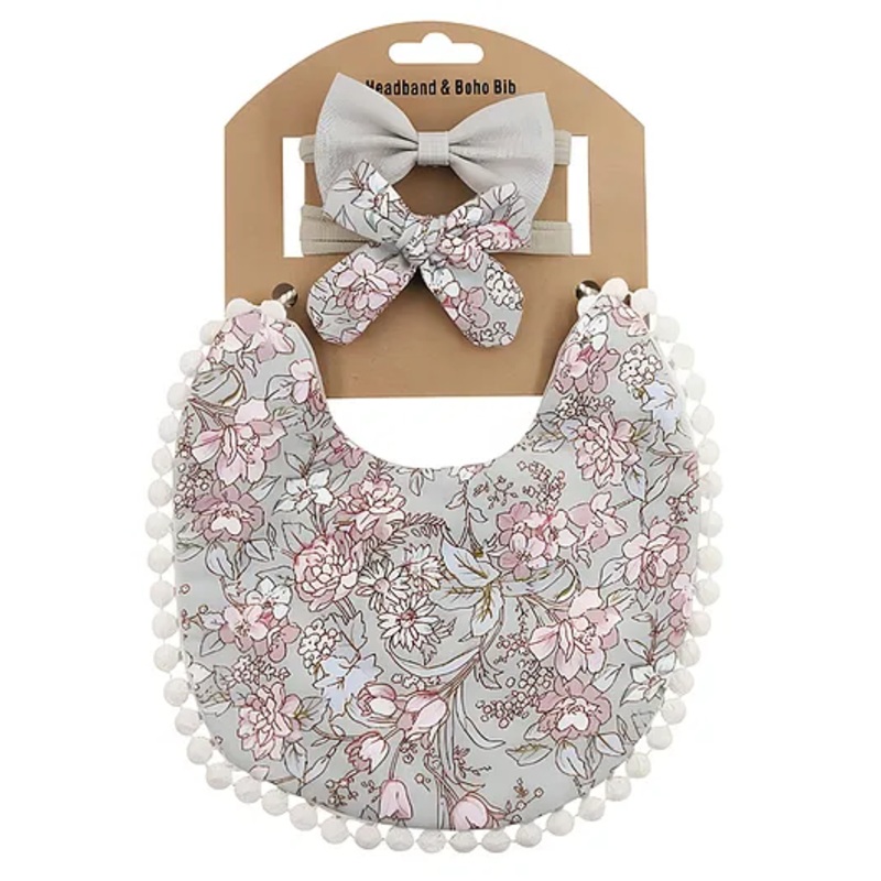 Bembika Baby Feeding Essential Baby Feeding Bib And Bow Floral- Grey