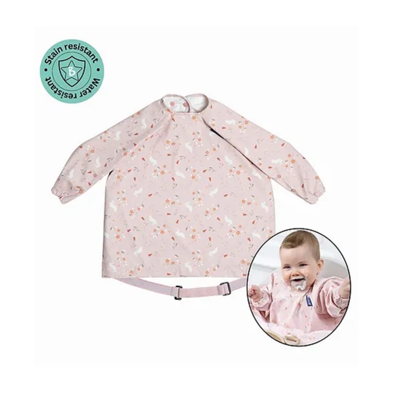 BiBaDo Stain & Water Proof Long Sleeve Coverall Shirt Weaning Bib Botanical Bunnies Print- Pink – For Infants