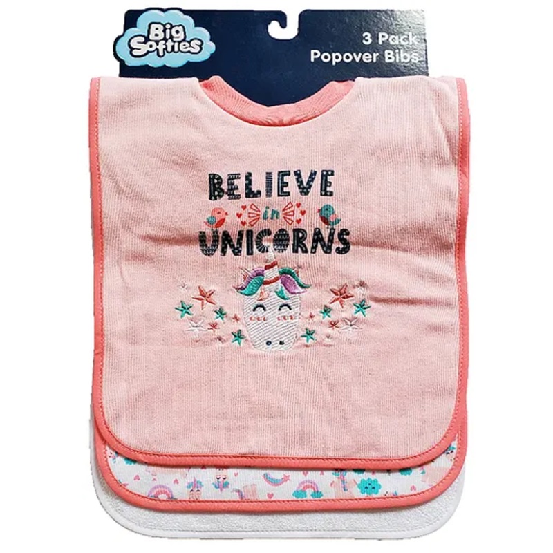 Big Softies Popover Baby BibsPrinted & Applique Embroidery Soft Rib Neck Blended Cotton Ultra Soft & Super Absorbent For Drooling, Teething & Feeding For Girls 6-36 Months Pack of 3-Unicorn
