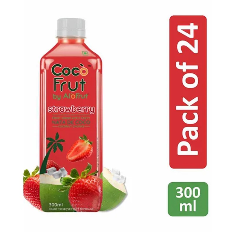 Coco Frut Strawberry Fruit Drink with Nata De Coco Chunks | Sip N Chew Delight – 300 ml (Pack of 24)
