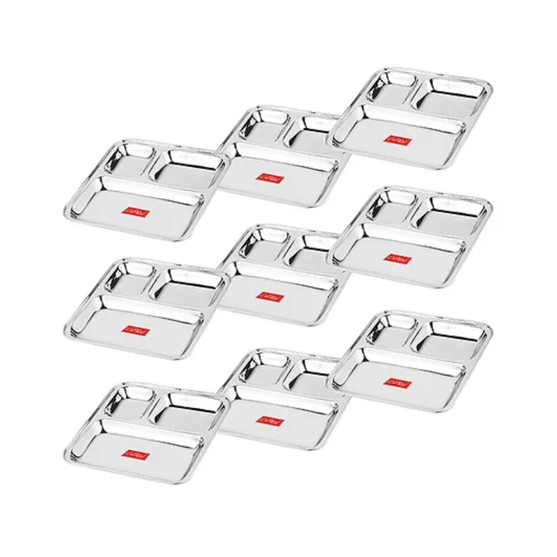 CutTales 9 Plate Stainless Steel Paw Bhaji 3 Compartment Plates Set For Kids | Ideal For Dinner, Snack , Other Home Foods | Non Toxic And Dishwasher Safe Plates
