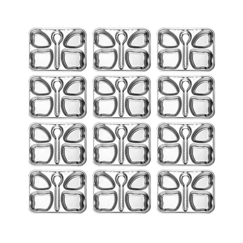 CutTales Pack Of 12 Stainless Steel Butterfly 4 Compartment Snack Dinner Plates For Kids | BPA Free, NonToxic And Dishwasher Safe Plate