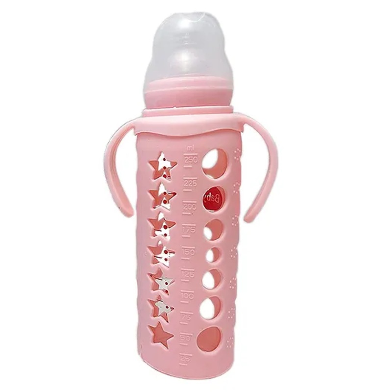 DOMENICO Ultrasoft Nipple Glass Feeding Bottle with Handle Pink – 240 ml