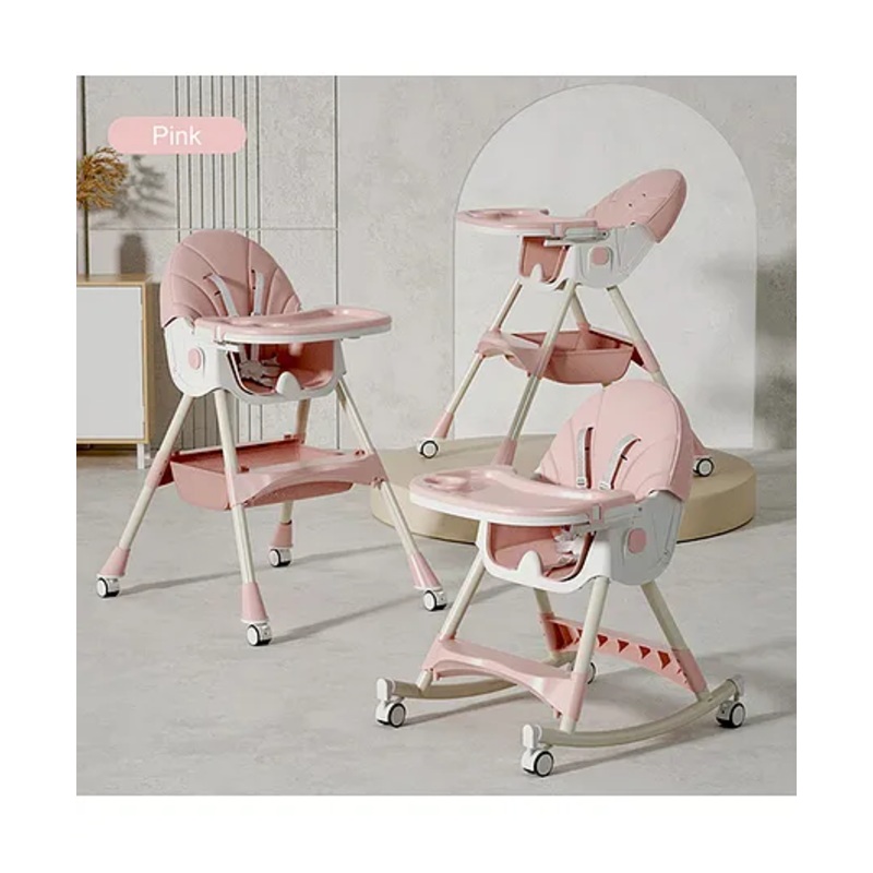 High Chair with Rocking Function and Cushioned Seat – Pink| 5 Point Harness| Wheels with Lock| Compact Fold| Removable Double Food Tray| Reclining Backrest