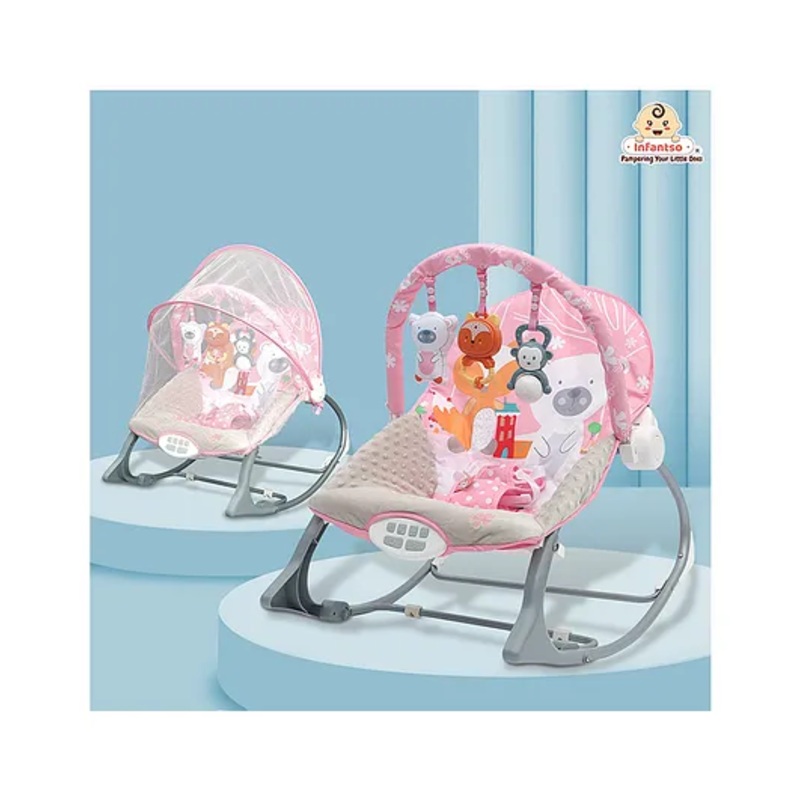 Infantso Baby Rocker Portable With  Mosquito Net  with Calming Vibrations & Musical Toy – Pink