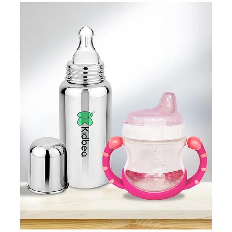 Kidbea Natural Baby Feeding Bottle, BPA-Free, Soft Nipple, Anti-Colic Design, 250 ml with Baby Feeding Sipper Cup Bottle | 200ml Wide Neck – Pink