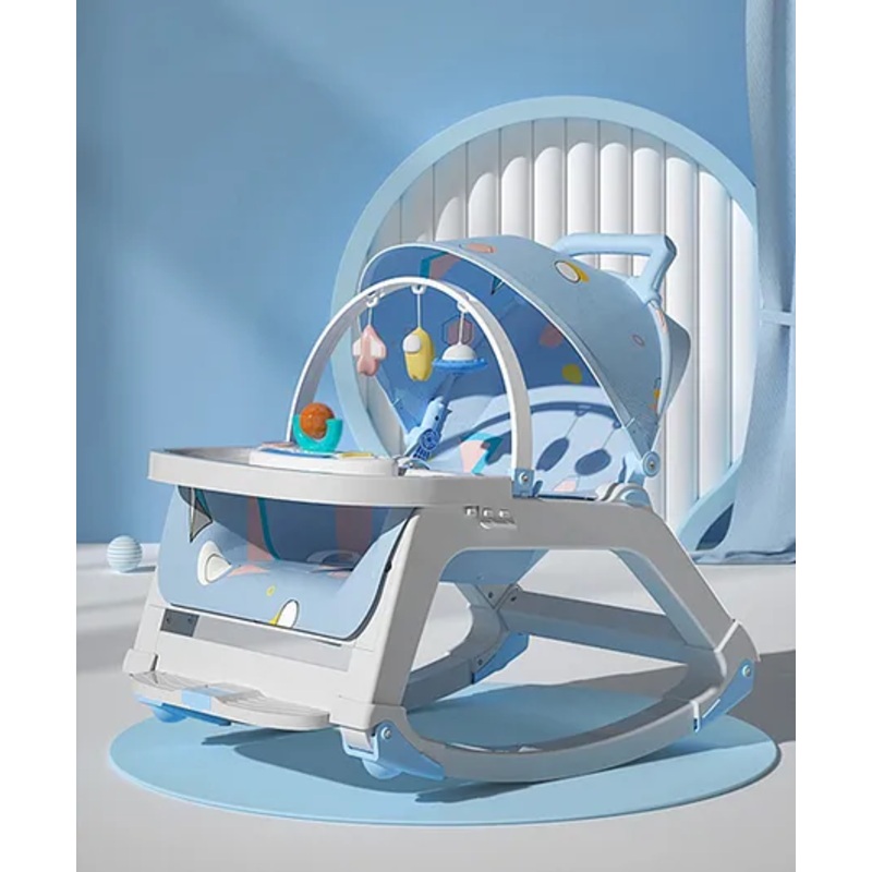 New Born to Toddler 5 in 1 Baby Rocker cum Booster Seat with Multi Position Reclining chair I Removable Meal Tray I Hanging Toys & Music – Blue