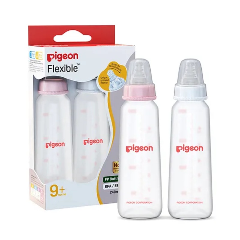 Pigeon Peristaltic Feeding Bottle with Nipple Size Large Pink White Pack of 2 – 240 ml each