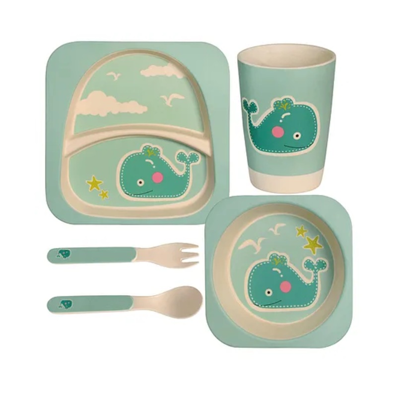 Polka Tots Eco-Friendly 5-Piece Bamboo Fiber Feeding Set For Babies, Toddlers, & Kids Includes Plate, Bowl, Glass, Spoon, Fork  Whale Design | Kids Tableware & Crockery Set