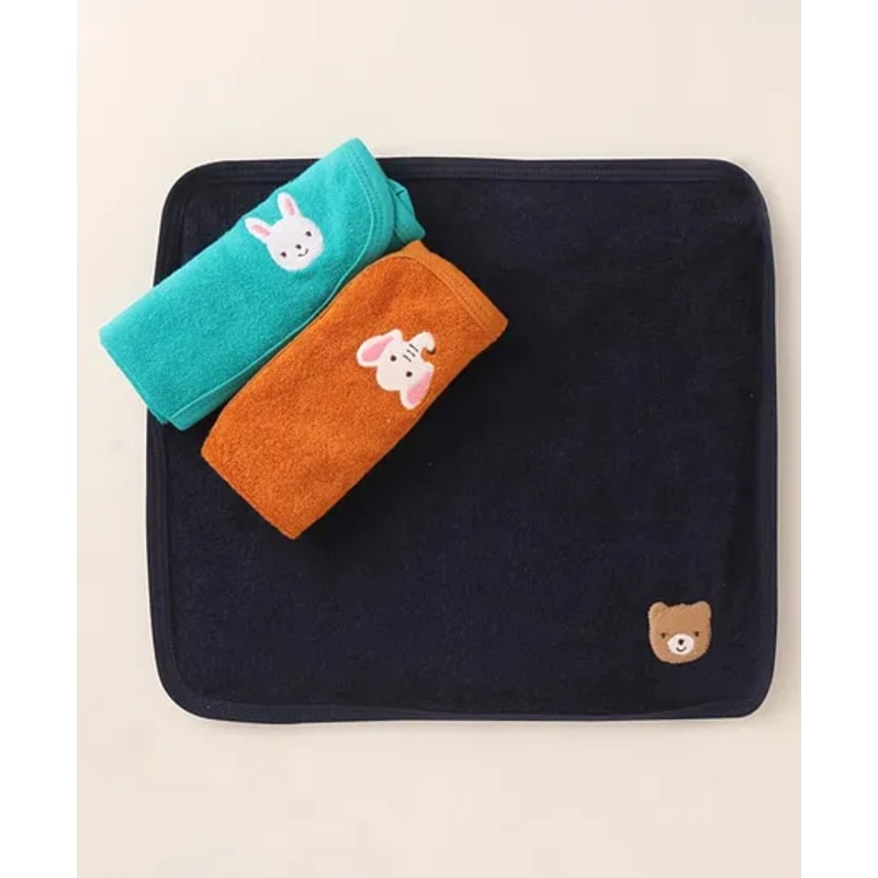 Simply Terry Knit Wash Cloth with Animal Embroidery L 30 x B 30 cm – Navy Blue Green & Rust Orange