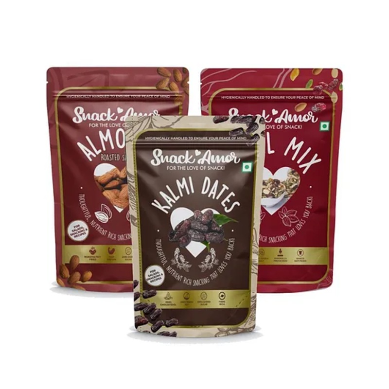 SnackAmor Combo Pack of Premium International Kalmi Dates 250g Roasted Salted Almond 170g Trail Mix 175g