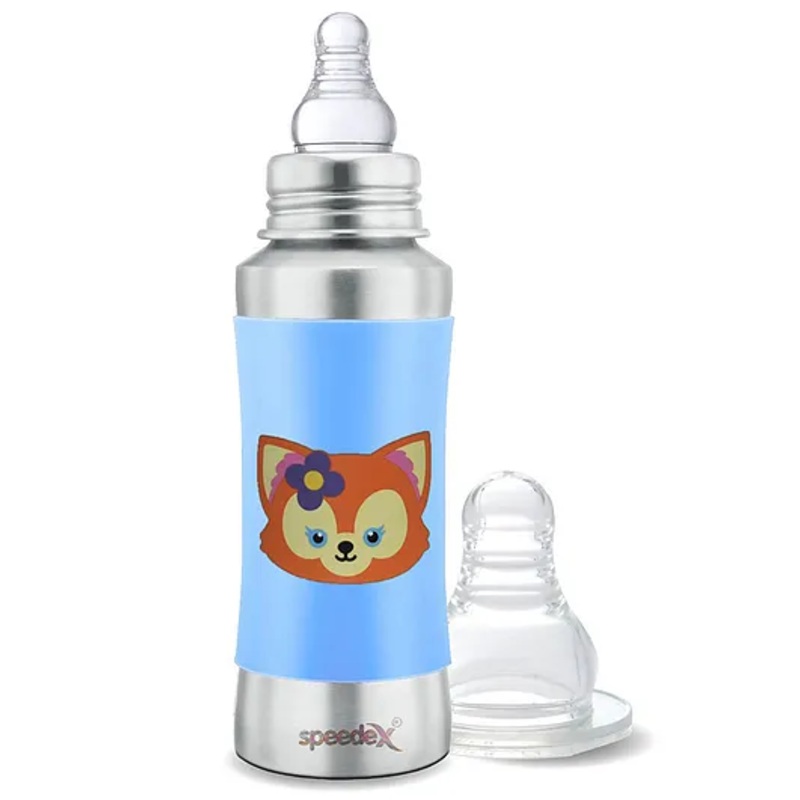 Speedex Stainless Steel Baby Feeding Bottle  240ml | Blue Foxy Print | Internal ML Marking | Silicone Grip | Mirror Finish | No Extra Nipple